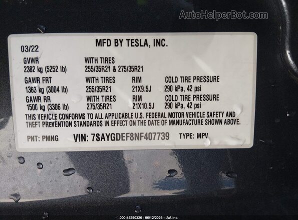 7SAYGDEF8NF407739 2022 TESLA MODEL Y Gray Vista del compartimento del motor