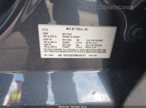7SAYGDEF8NF494767 2022 TESLA MODEL Y Gray Вид підкапотного простору