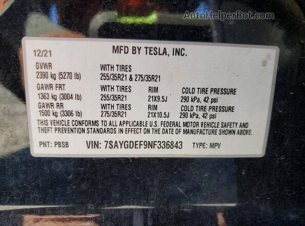 7SAYGDEF9NF336843 2022 TESLA MODEL Black VIN կոդի պիտակի տեսք