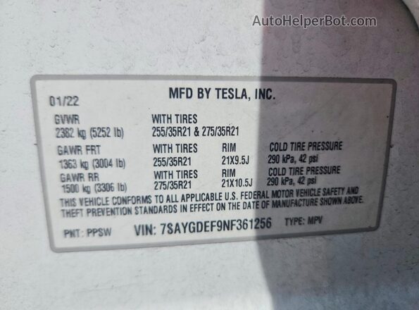 7SAYGDEF9NF361256 2022 TESLA MODEL Белый Вид наклейки с VIN-кодом