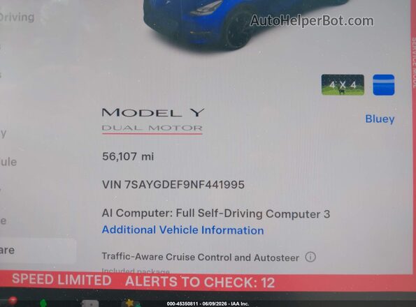 7SAYGDEF9NF441995 2022 TESLA MODEL Y Blue Հետևի նստատեղերի տեսք