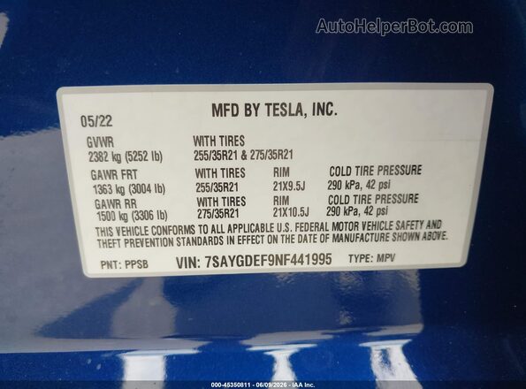 7SAYGDEF9NF441995 2022 TESLA MODEL Y Blue Շարժիչի բաժամունքի տեսք