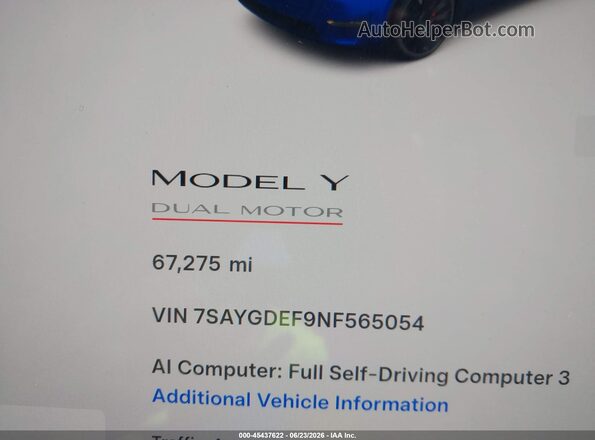 7SAYGDEF9NF565054 2022 TESLA MODEL Y Blue 
