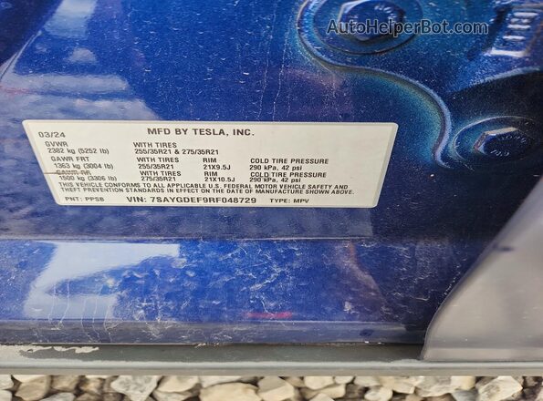 7SAYGDEF9RF048729 2024 TESLA MODEL Синий Вид наклейки с VIN-кодом