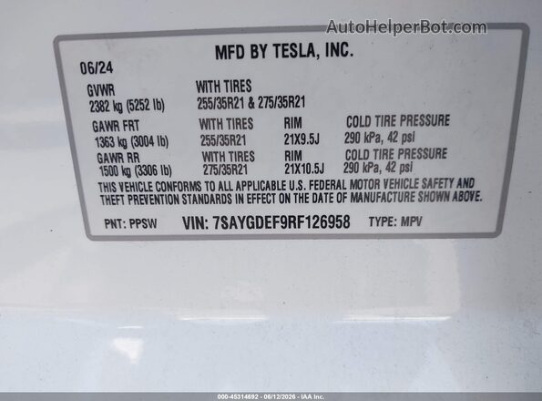 7SAYGDEF9RF126958 2024 TESLA MODEL Y White Շարժիչի բաժամունքի տեսք