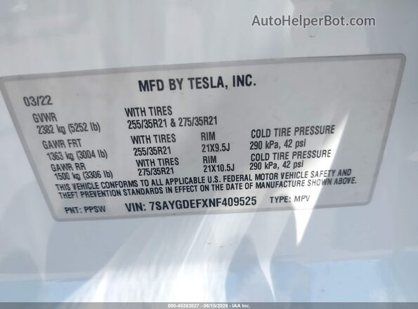 7SAYGDEFXNF409525 2022 TESLA MODEL Y Белый Вид подкапотного пространства