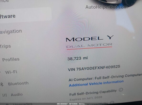 7SAYGDEFXNF409525 2022 TESLA MODEL Y Белый Панорамный вид салона 360°