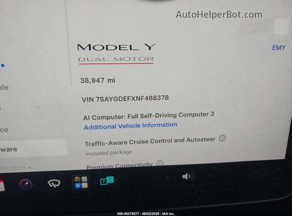 7SAYGDEFXNF468378 2022 TESLA MODEL Y Серый Вид задних сидений
