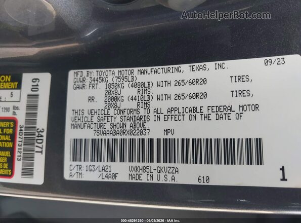 7SVAAABA0RX022037 2024 TOYOTA SEQUOIA Black Շարժիչի բաժամունքի տեսք