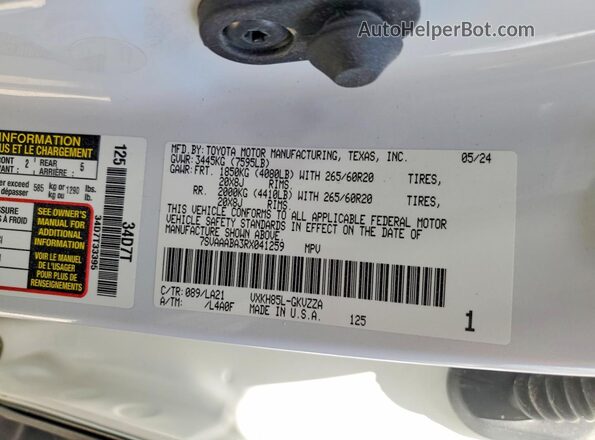 7SVAAABA3RX041259 2024 TOYOTA SEQUOIA White Vista de la etiqueta del VIN