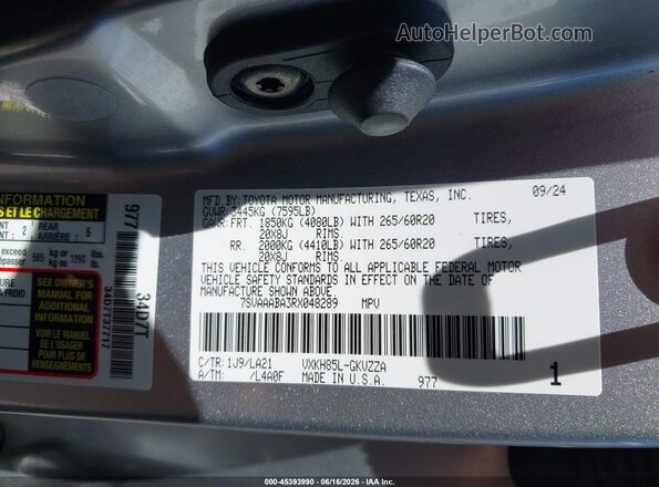 7SVAAABA3RX048289 2024 TOYOTA SEQUOIA Silver Engine compartment view