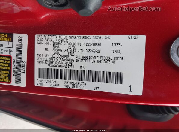 7SVAAABA4PX011734 2023 TOYOTA SEQUOIA Red ძრავის განყოფილების ხედი