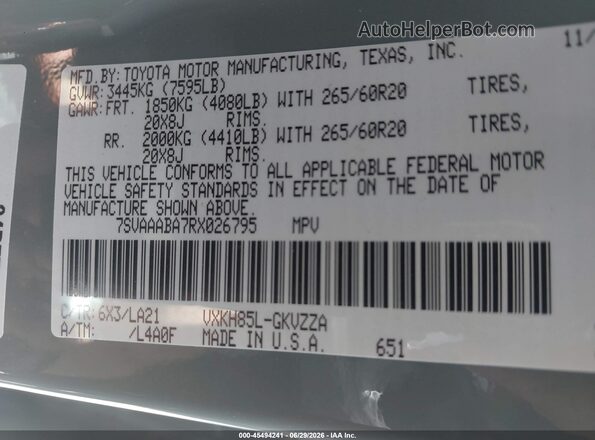 7SVAAABA7RX026795 2024 TOYOTA SEQUOIA Gray Engine compartment view