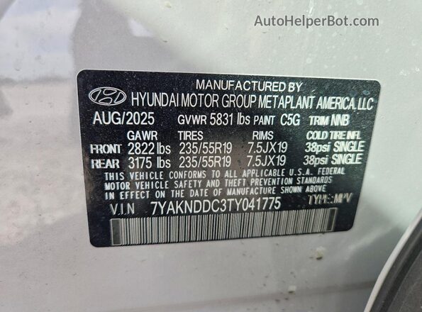 7YAKNDDC3TY041775 2026 HYUNDAI IONIQ Gray Вид наклейки з VIN-кодом