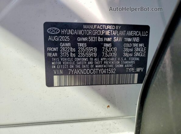7YAKNDDC6TY041592 2026 HYUNDAI IONIQ White VIN կոդի պիտակի տեսք