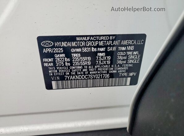 7YAKNDDC7SY021706 2025 HYUNDAI IONIQ White Vista de la etiqueta del VIN