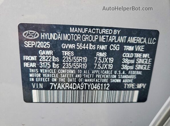 7YAKR4DA9TY046112 2026 HYUNDAI IONIQ Silver Vista de la etiqueta del VIN