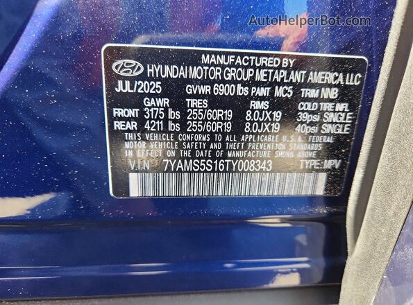 7YAMS5S16TY008343 2026 HYUNDAI IONIQ Blue Вид наклейки з VIN-кодом