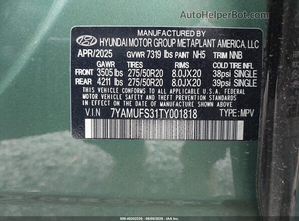 7YAMUFS31TY001818 2026 HYUNDAI IONIQ 9 Green Vista del compartimento del motor