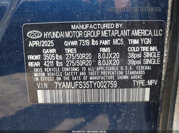 7YAMUFS35TY002759 2026 HYUNDAI IONIQ 9 Синий Вид подкапотного пространства