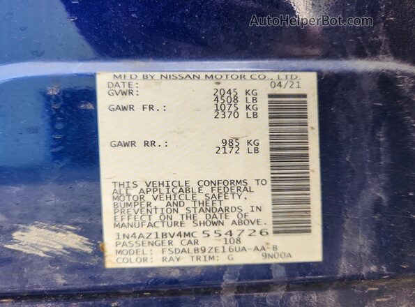1N4AZ1BV4MC554726 2021 NISSAN LEAF Синий 