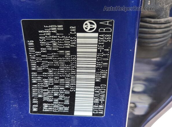 5YFBURHEXKP925363 2019 TOYOTA COROLLA Blue VIN sticker view