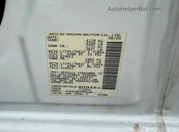 1N6BF0KY0LN809481 2020 NISSAN NV Белый Вид задней части салона