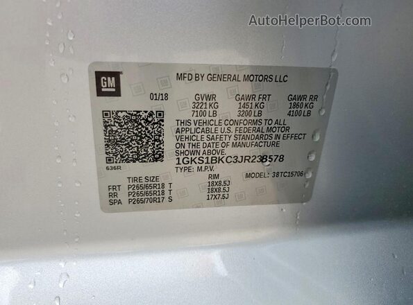 1GKS1BKC3JR238578 2018 GMC YUKON Silver 