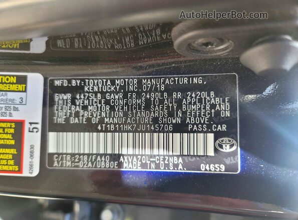 4T1B11HK7JU145706 2018 TOYOTA CAMRY Black 