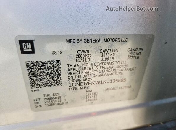 1GNERFKW1KJ135685 2019 CHEVROLET TRAVERSE Silver 