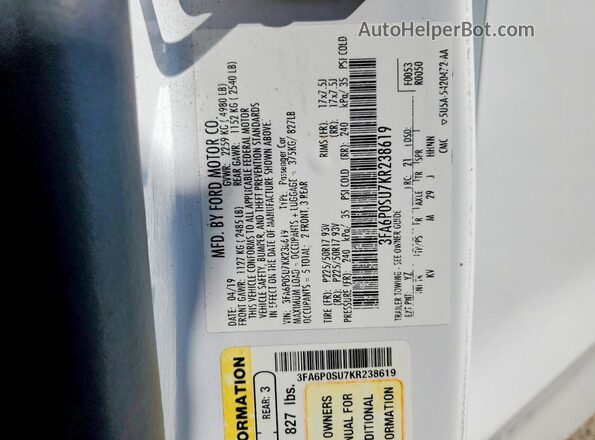 3FA6P0SU7KR238619 2019 FORD FUSION Белый Вид наклейки с VIN-кодом