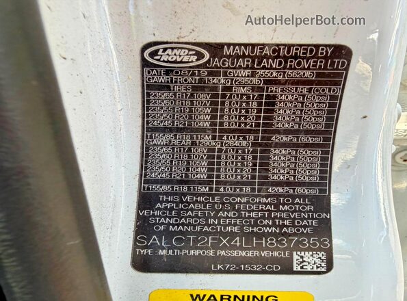 SALCT2FX4LH837353 2020 LAND ROVER DISCOVERY White VIN sticker view