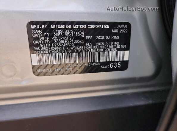 JA4J4VA84NZ074948 2022 MITSUBISHI OUTLANDER Gray 