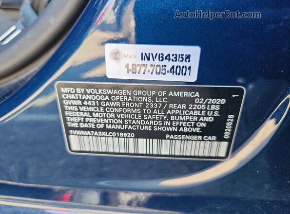 1VWMA7A3XLC016920 2020 VOLKSWAGEN PASSAT Blue Vista de la etiqueta del VIN