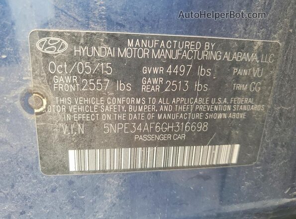 5NPE34AF6GH316698 2016 HYUNDAI SONATA Blue 