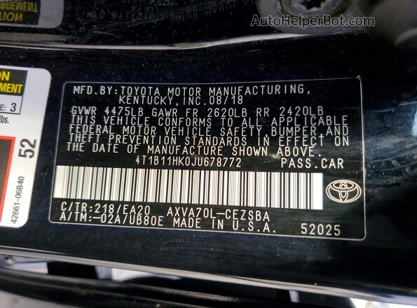 4T1B11HK0JU678772 2018 TOYOTA CAMRY Black 