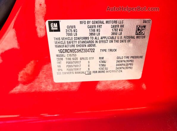 1GCRCNEC3HZ304722 2017 CHEVROLET SILVERADO Red Vista de la etiqueta del VIN