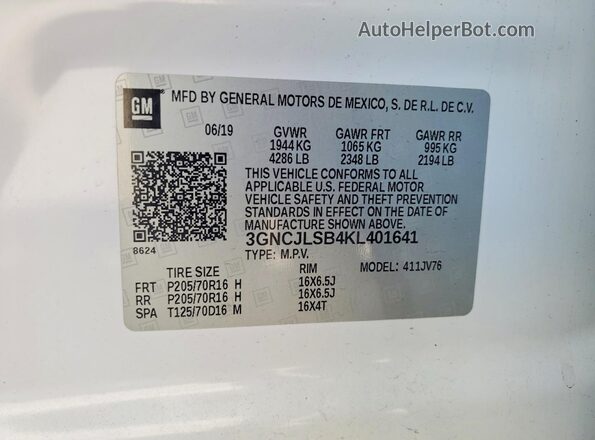 3GNCJLSB4KL401641 2019 CHEVROLET TRAX White 360 interior view