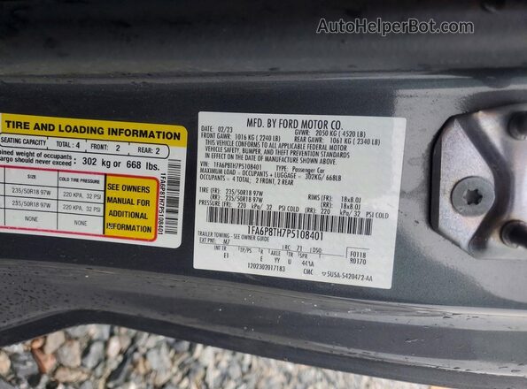 1FA6P8TH7P5108401 2023 FORD MUSTANG Gray Widok naklejki z numerem VIN