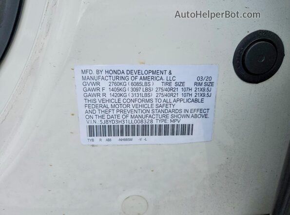 5J8YD3H31LL008328 2020 ACURA MDX Белый Панорамный вид салона 360°