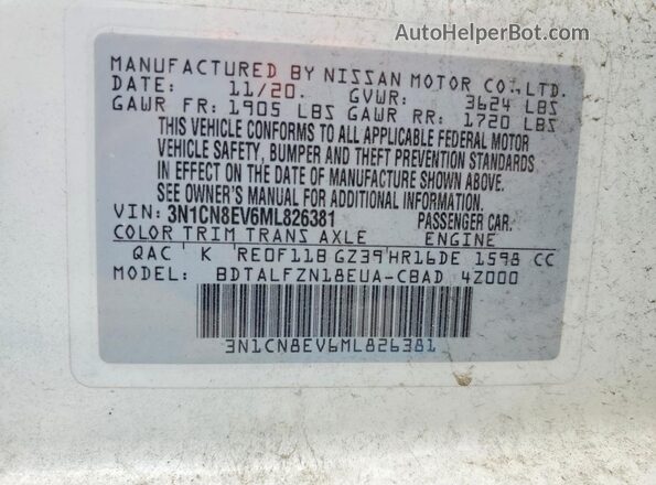 3N1CN8EV6ML826381 2021 NISSAN VERSA Blue VIN կոդի պիտակի տեսք