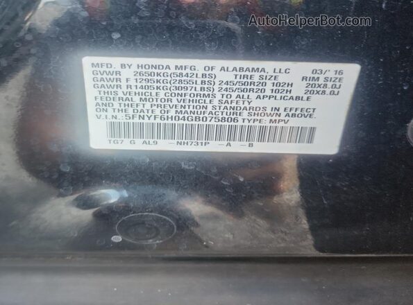 5FNYF6H04GB075806 2016 HONDA PILOT Black 