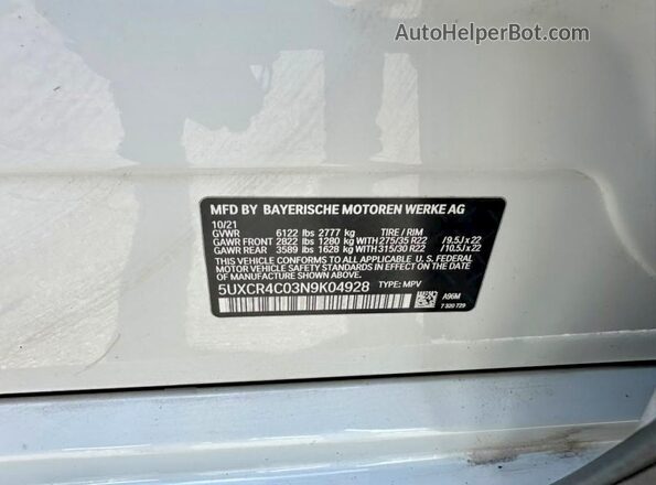 5UXCR4C03N9K04928 2022 BMW X5 Белый Вид задней части салона