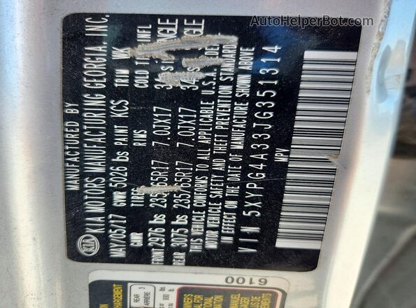 5XYPG4A33JG351314 2018 KIA SORENTO Silver 