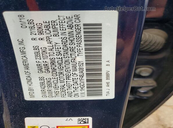 1HGCV1F48JA081521 2018 HONDA ACCORD Blue Vista de la etiqueta del VIN