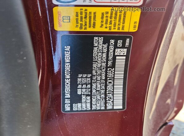 WBA23AT08NCK16652 2022 BMW 4 SERIES Бордовый Вид наклейки с VIN-кодом