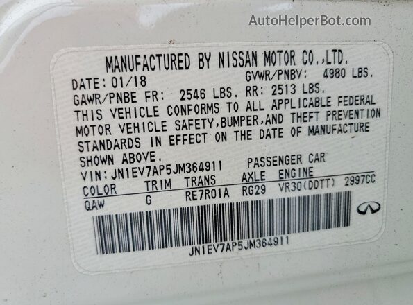 JN1EV7AP5JM364911 2018 INFINITI Q50 White VIN կոդի պիտակի տեսք