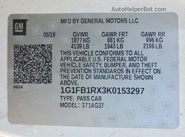 1G1FB1RX3K0153297 2019 CHEVROLET CAMARO White 