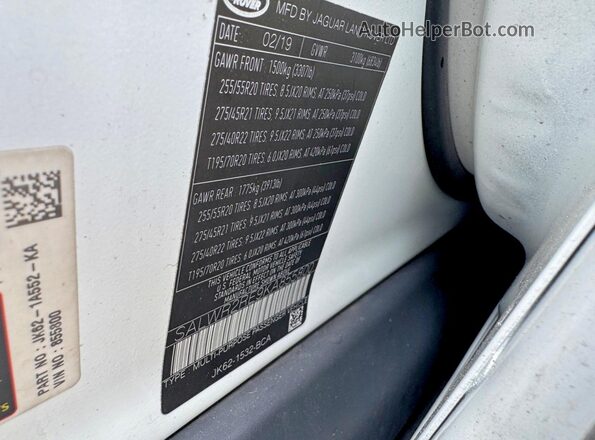 SALWR2RE9KA855800 2019 LAND ROVER RANGE White Սալոնի հետևի տեսք
