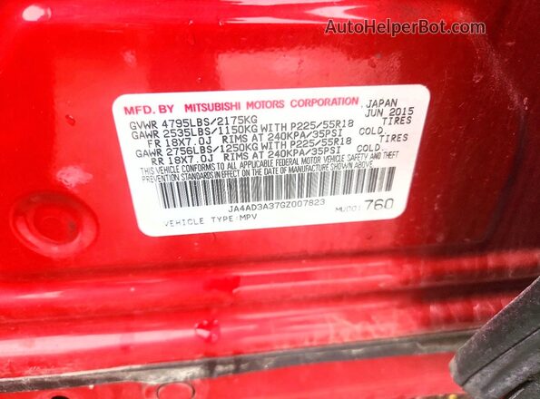 JA4AD3A37GZ007823 2016 MITSUBISHI OUTLANDER Red VIN კოდის სტიკერის ხედი
